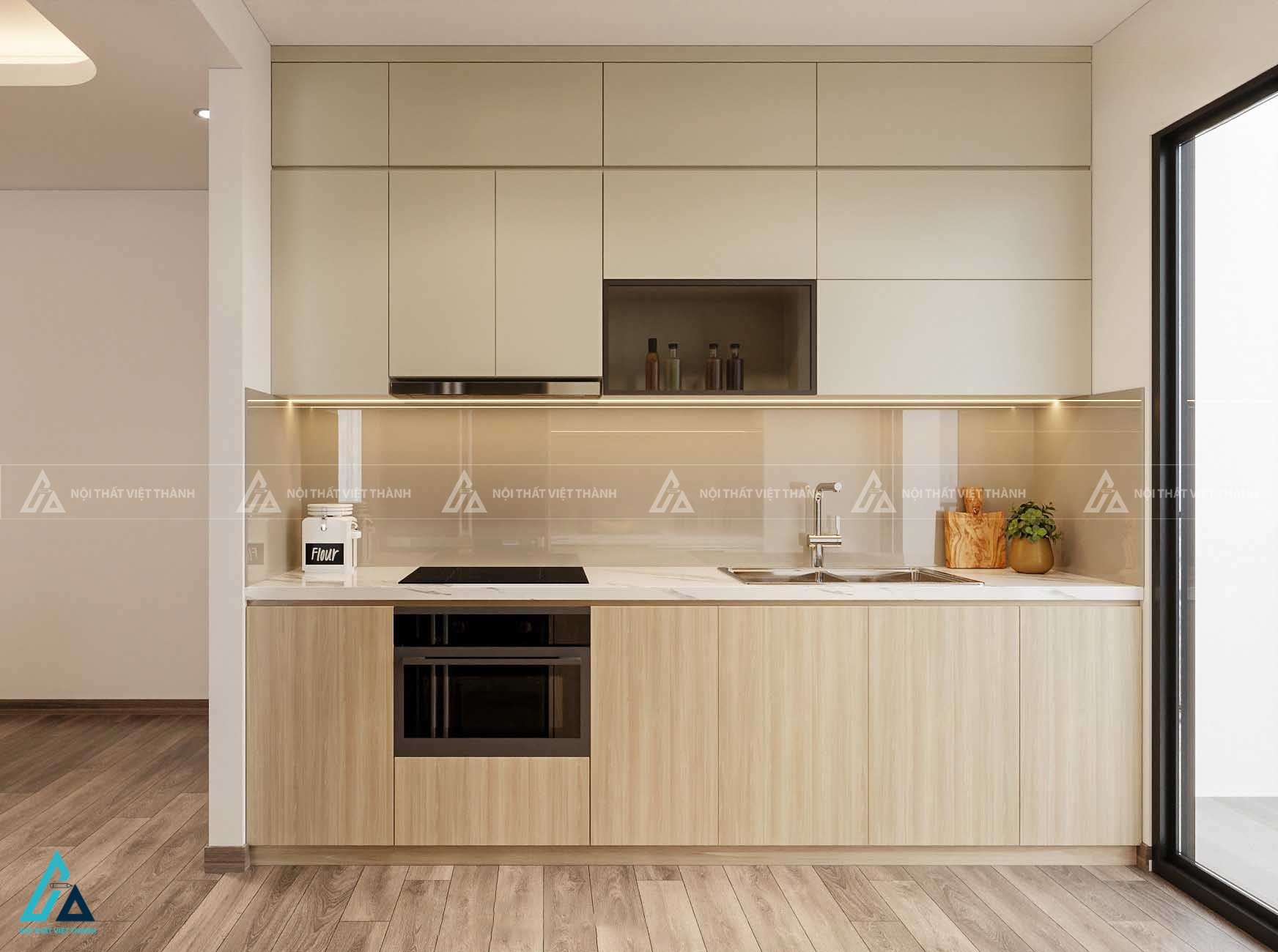 Tủ bếp gỗ công nghiệp hiện đại phối màu trang nhã sang trọng