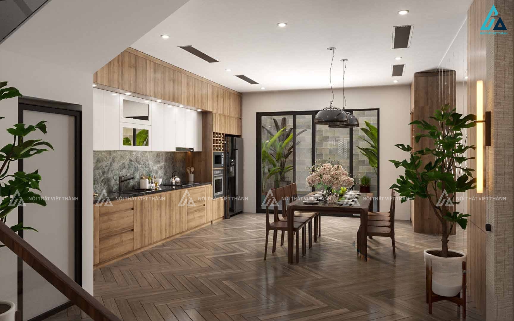 Bộ tủ bếp gỗ công nghiệp tích hợp hệ kệ rượu và thiết bị thông minh 1