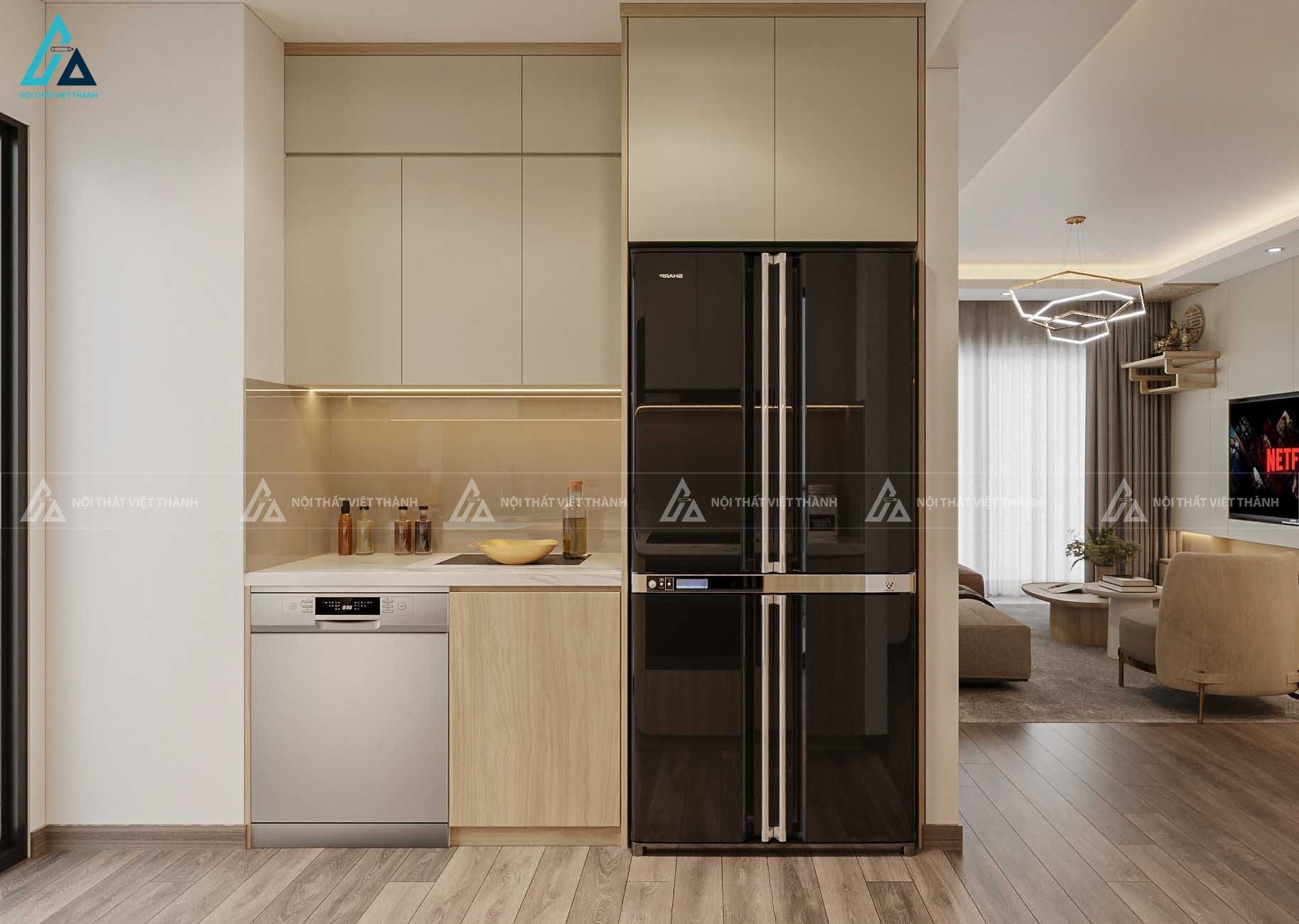 Tủ bếp gỗ công nghiệp hiện đại phối màu trang nhã sang trọng 1