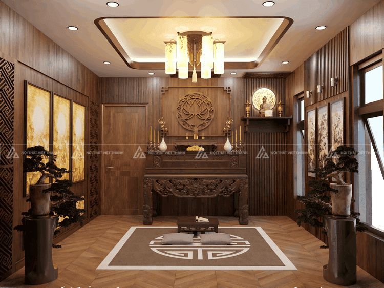 Nội thất phòng thờ gỗ óc chó điểm nhấn tinh tế