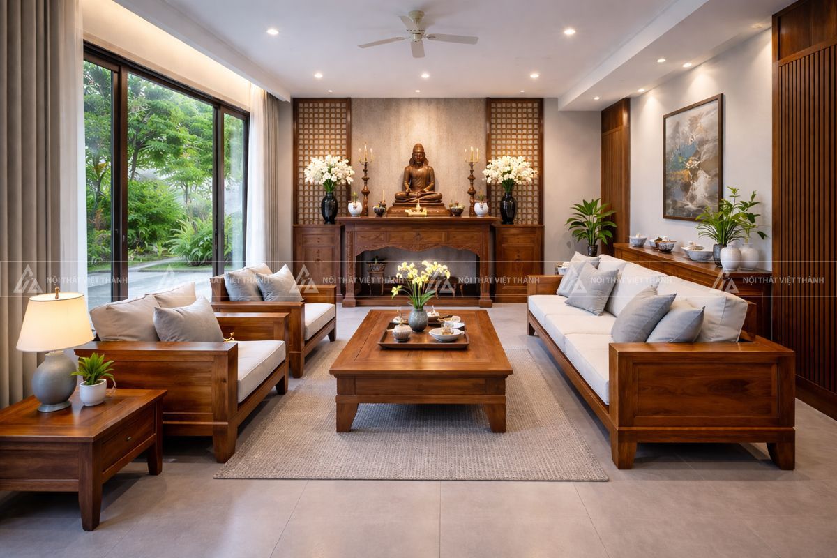 Nội thất phòng khách gỗ óc chó ấm cúng