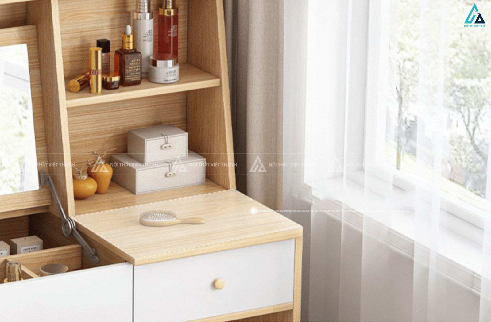 Bàn trang điểm gương lật thông minh tích hợp kệ đồ tiện lợi 2
