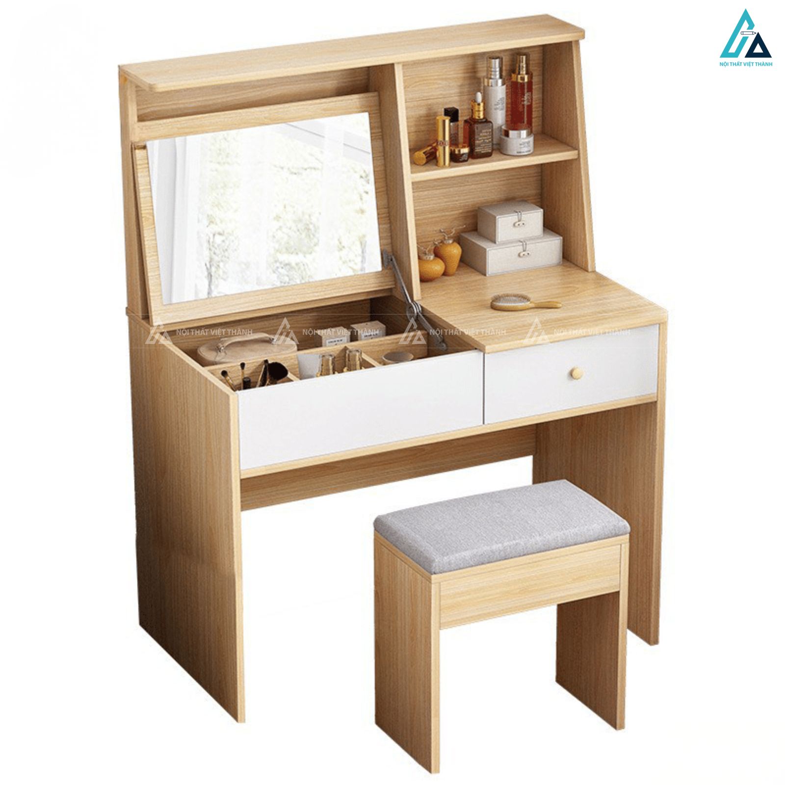 Bàn trang điểm gương lật thông minh tích hợp kệ đồ tiện lợi