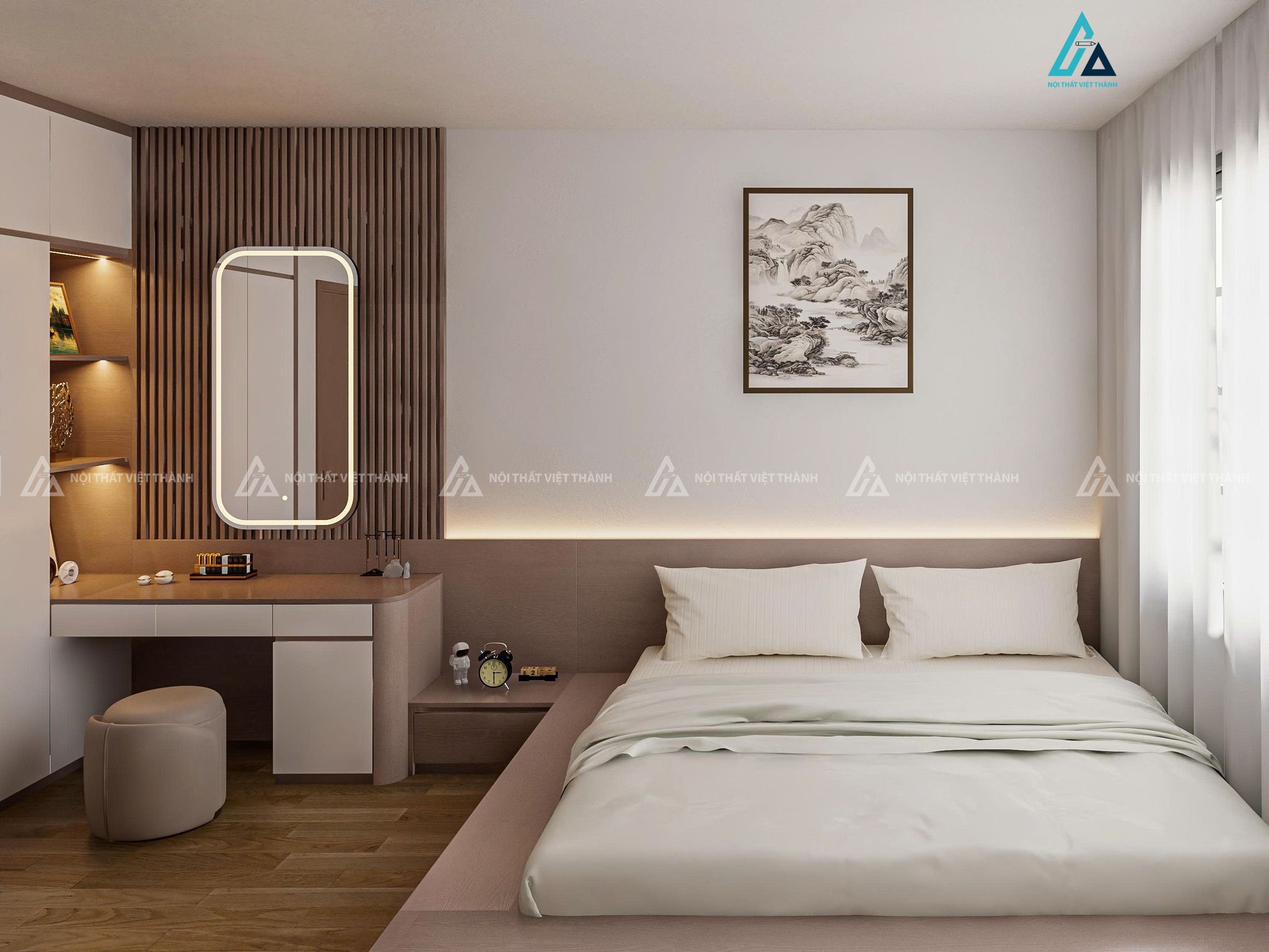 Mẫu bàn trang điểm kết hợp tủ quần áo có đèn led