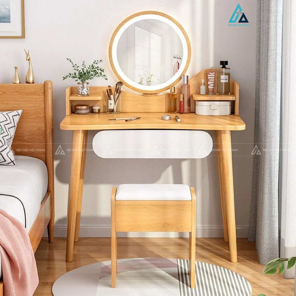 Mẫu bàn trang điểm gỗ vàng tích hợp đèn led