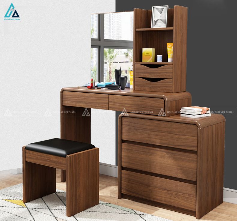 Mẫu bàn trang điểm gỗ nâu có kệ cao để đồ