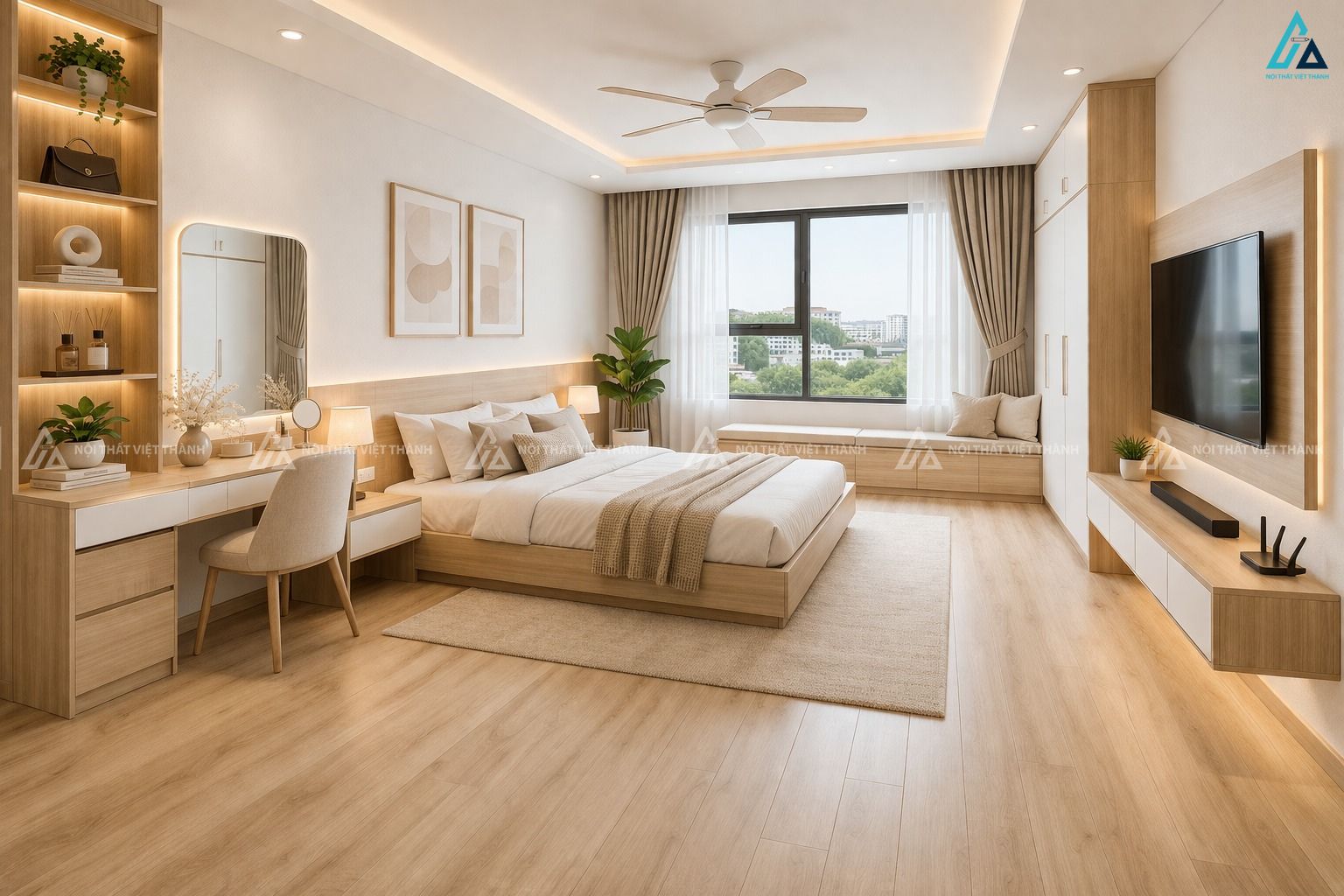 Mẫu bàn trang điểm gỗ kết hợp làm kệ trang trí