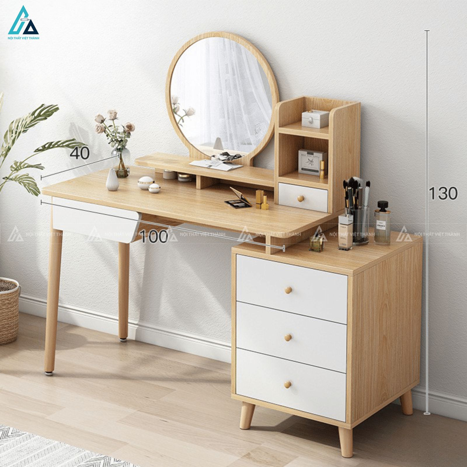Bàn trang điểm gương tròn phong cách tối giản cho phòng ngủ sang trọng