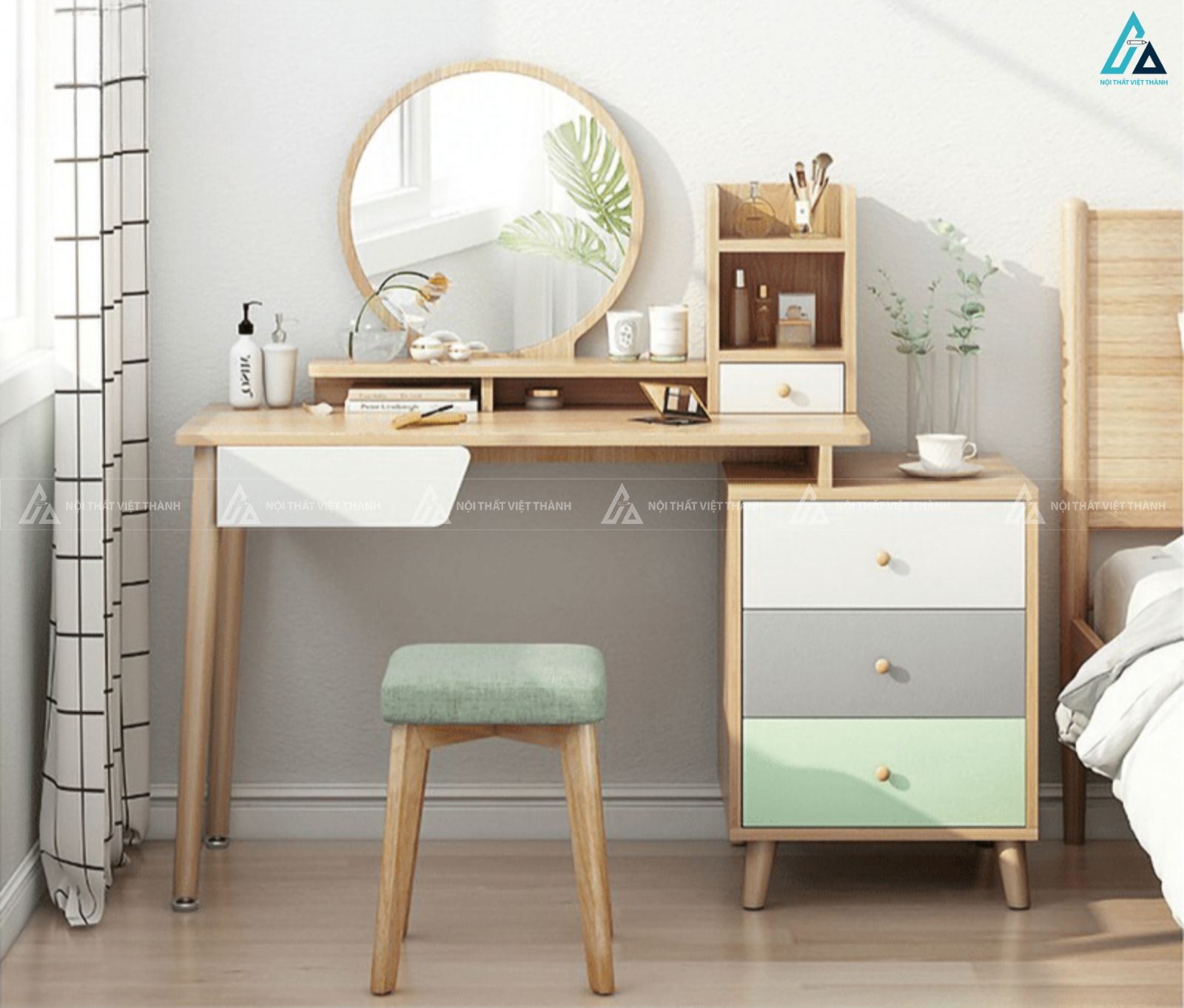 Bàn trang điểm gương tròn phong cách tối giản cho phòng ngủ sang trọng 2