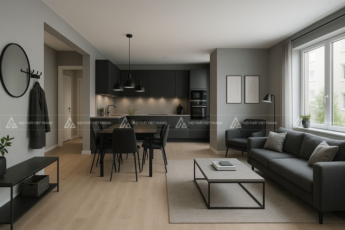 Nội thất căn hộ chưng cư 70m2 hiện đại tối giản