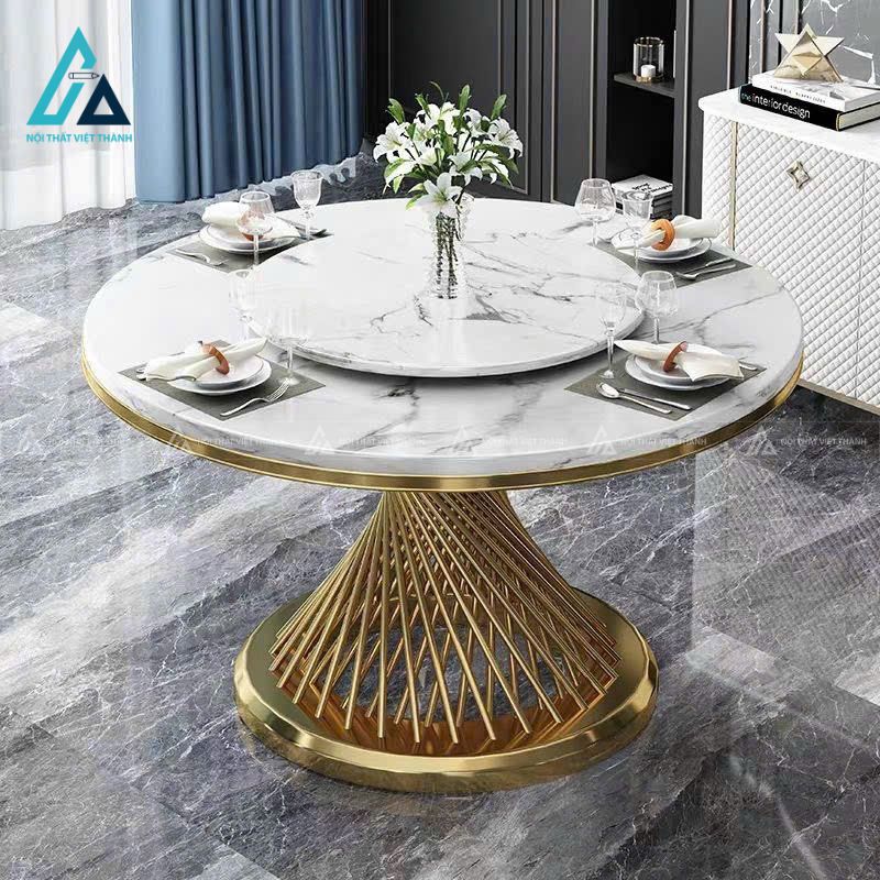 Bộ bàn ăn tròn mặt đá chân inox mạ vàng sang trọng tinh tế 2