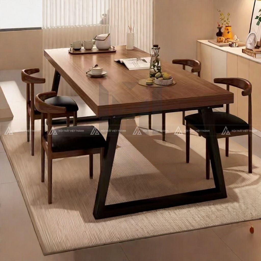 Bộ bàn ăn mặt bàn chữ nhật thiết kế chân đứng độc đáo