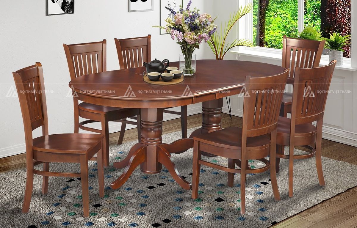 Mẫu bộ bàn ăn gỗ mặt oval sang trọng đẳng cấp