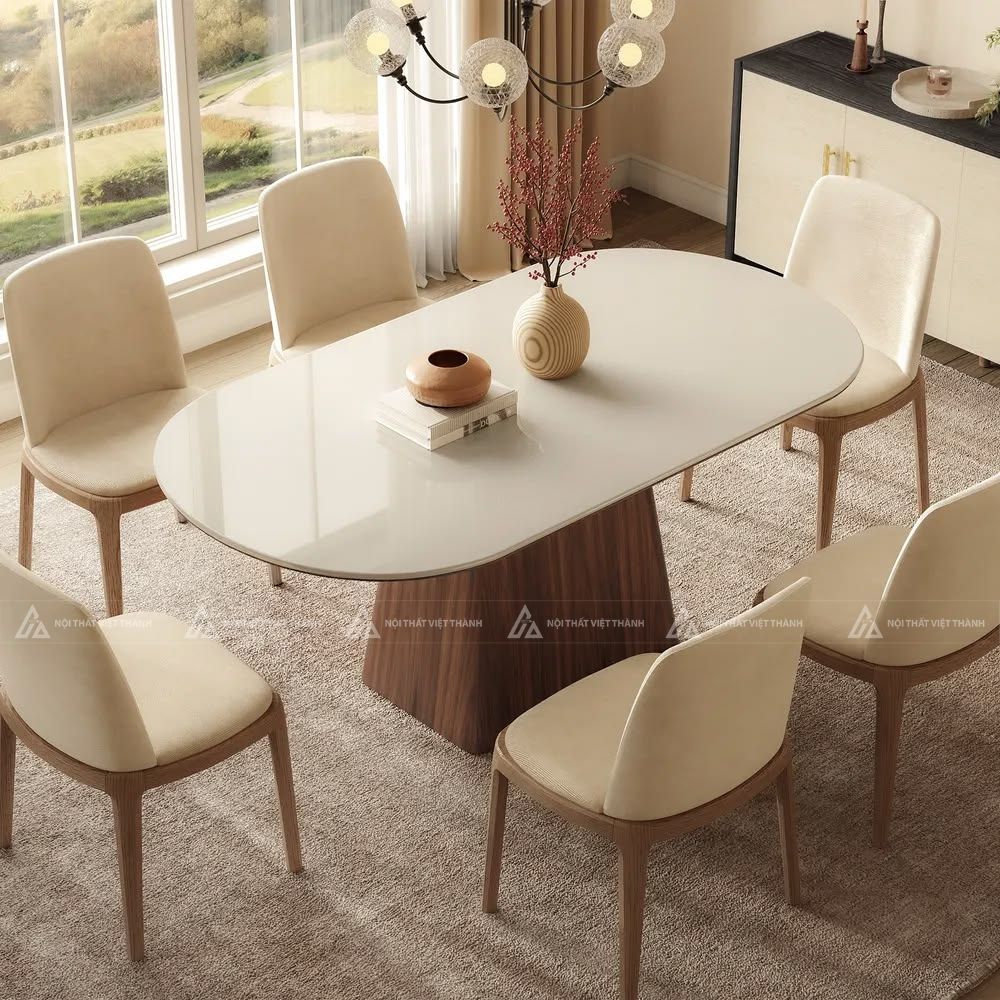 Mẫu bộ bàn ăn mặt đá oval màu trắng 