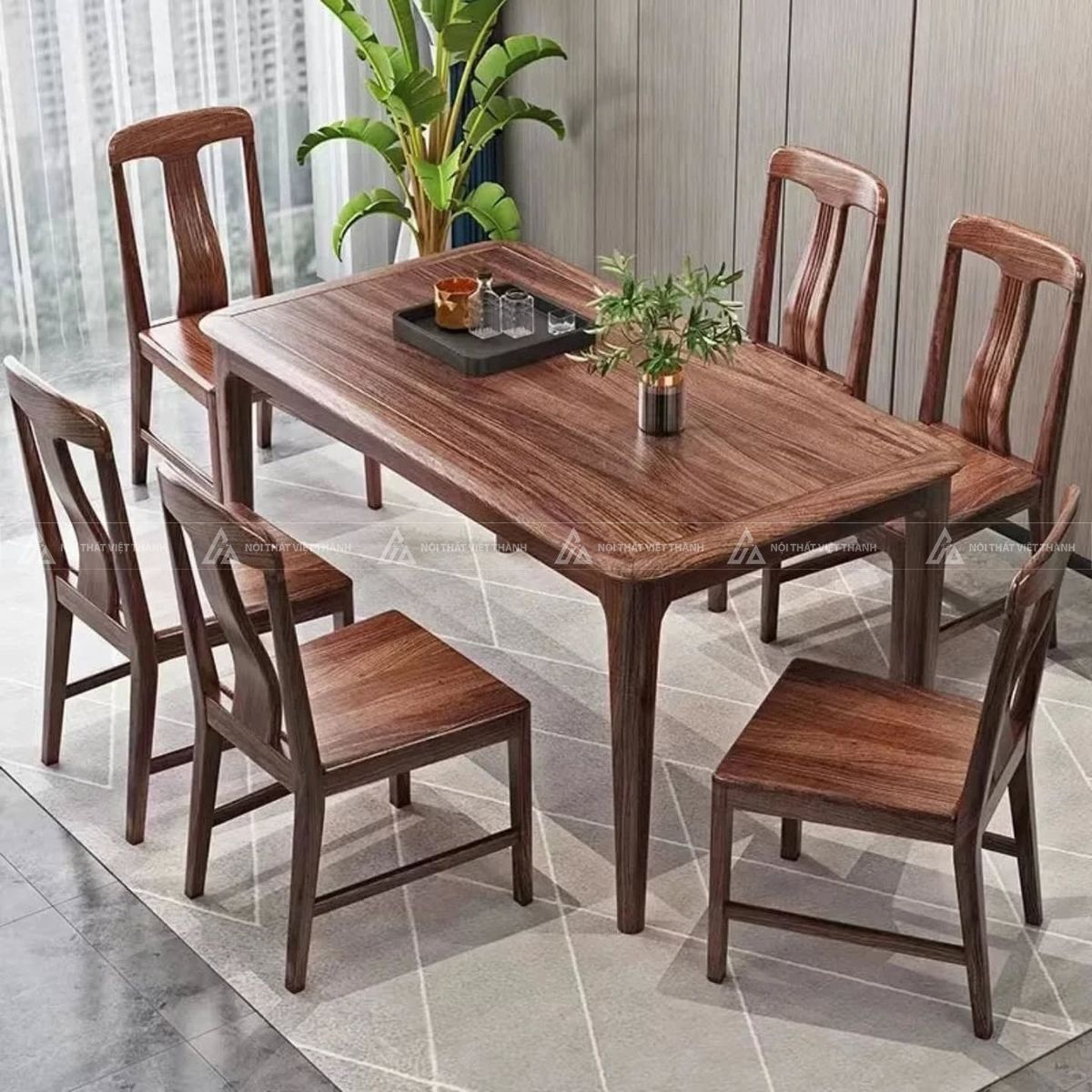 Mẫu bộ bàn ăn gỗ mặt chữ nhật thiết kế bo góc