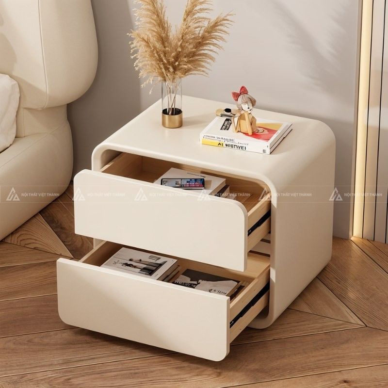 Tủ đầu giường màu trắng thiết kế bo góc