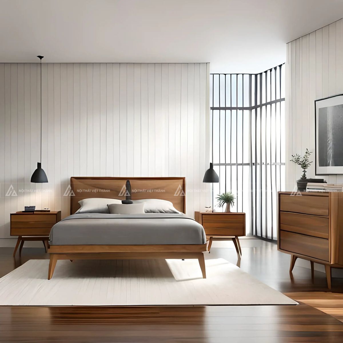 Mẫu giường ngủ gỗ chân cao đồng bộ nội thất