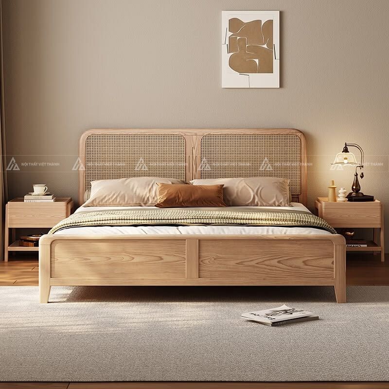 Mẫu giường ngủ kết hợp đầu giường đan tre tinh tế