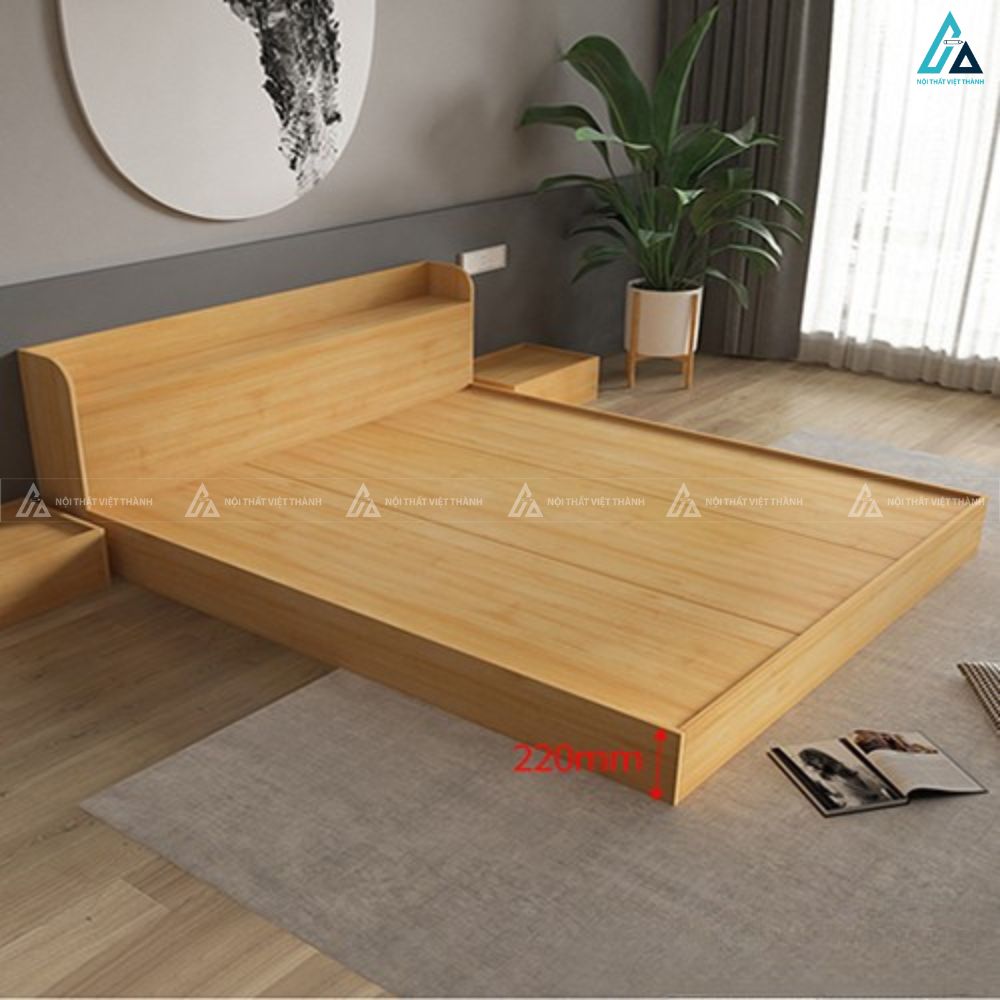 Giường gỗ công nghiệp thấp sàn tích hợp kệ đầu giường thông minh