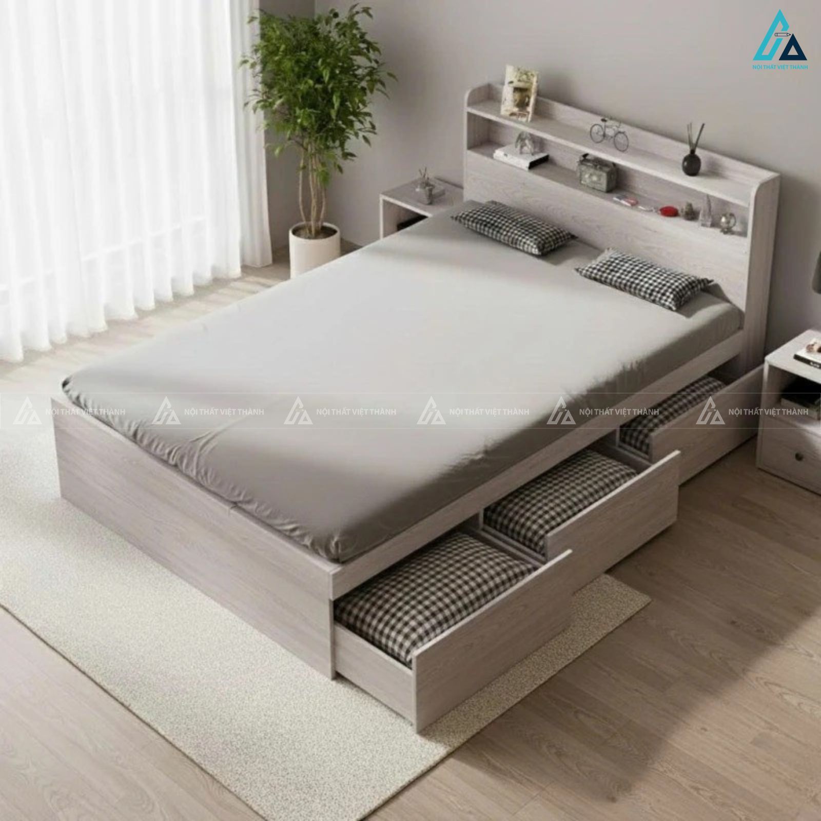 Giường ngủ gỗ công nghiệp có ngăn kéo và kệ đầu giường đa năng 5