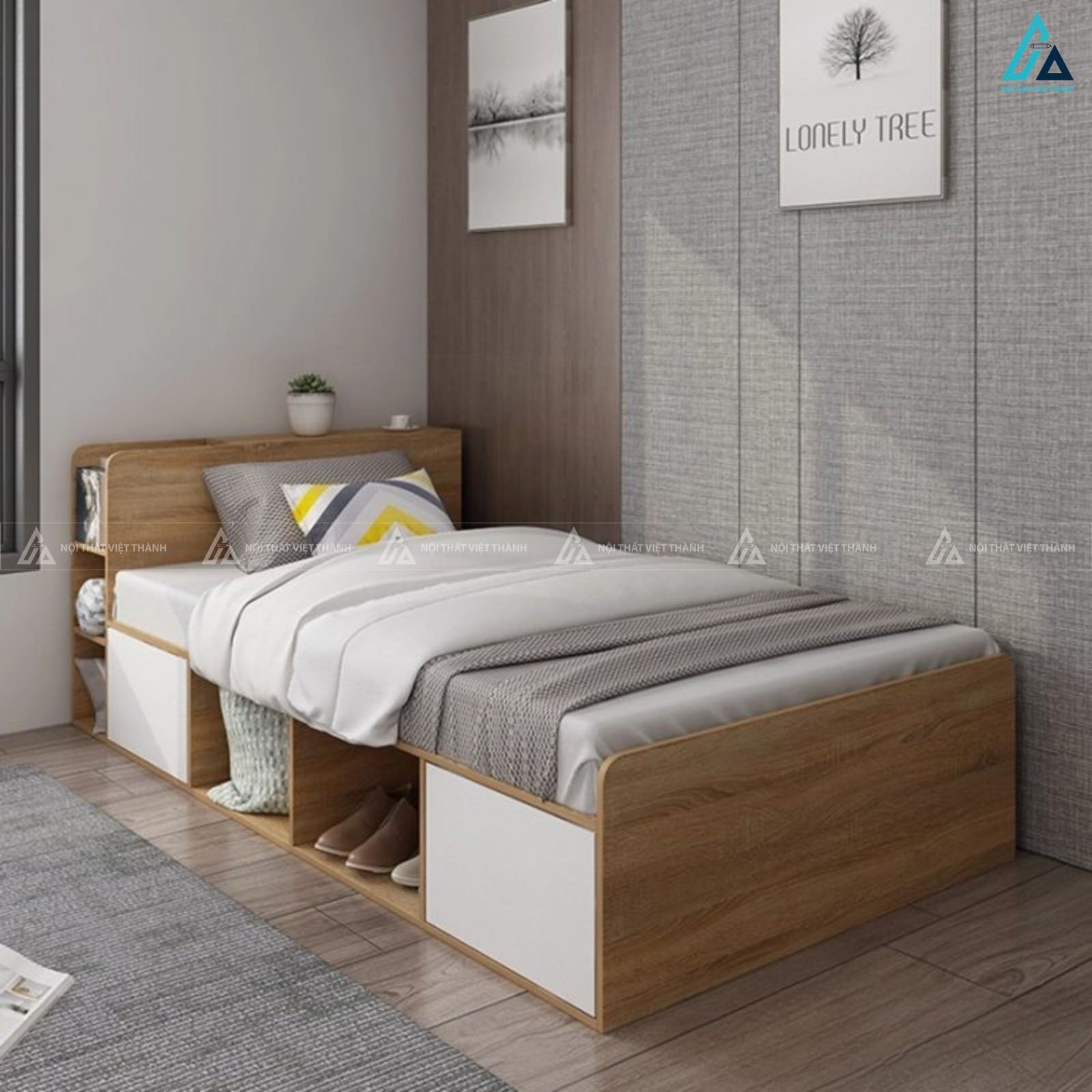 Giường gỗ công nghiệp đơn tích hợp kệ sách và hộc tủ thông minh 1