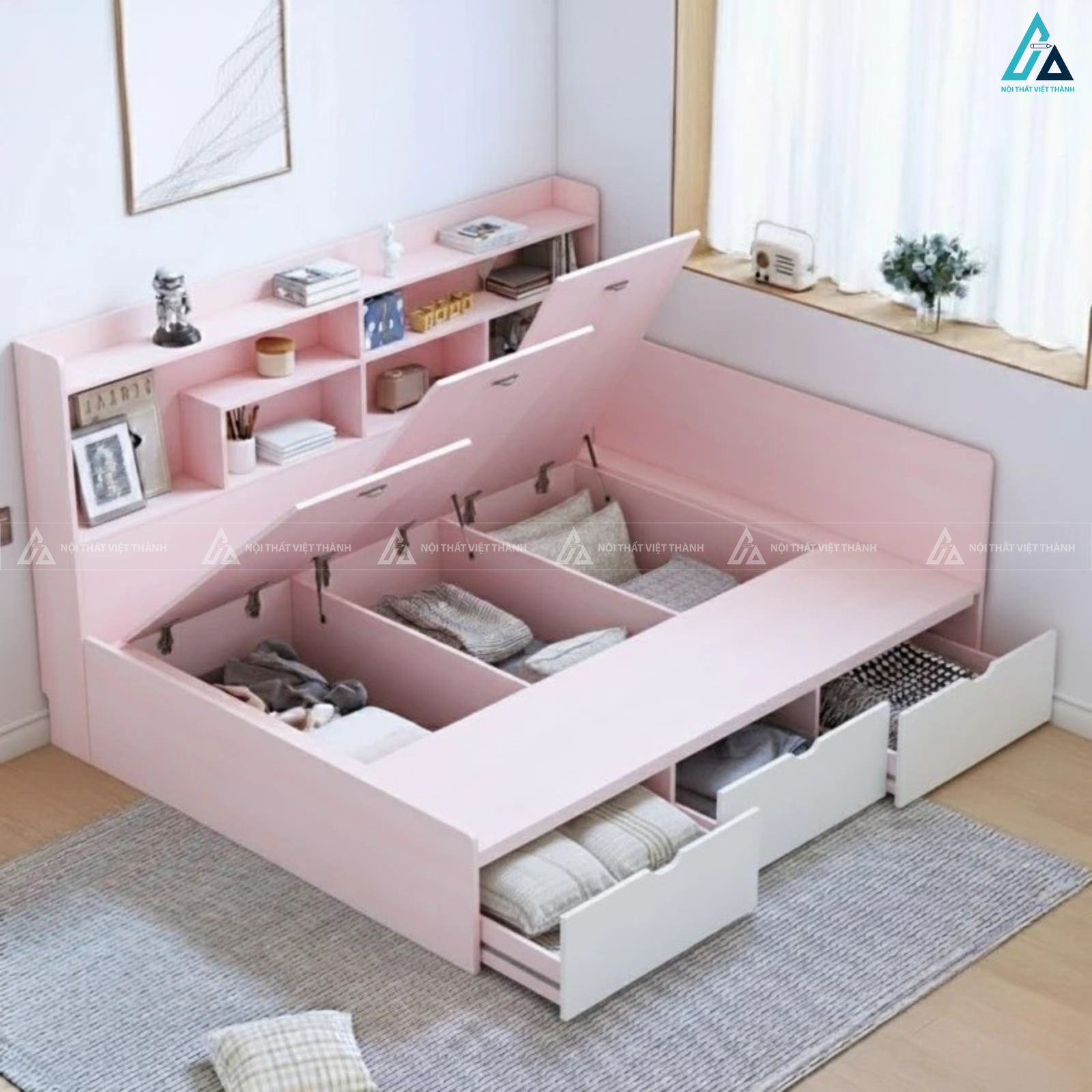 Giường ngủ gỗ công nghiệp đa năng tích hợp kệ và hộc chứa đồ thông minh 5