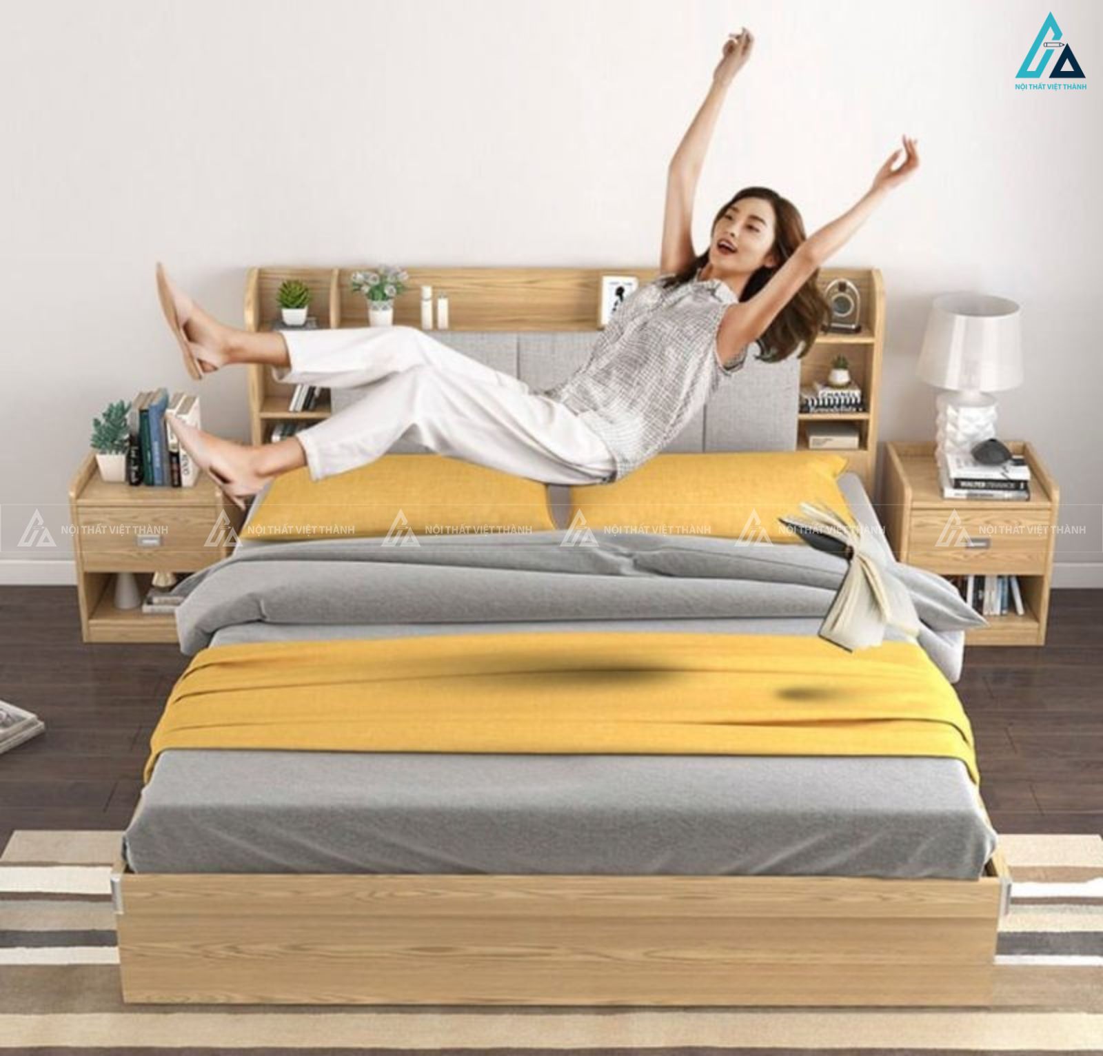 Giường gỗ công nghiệp thông minh tích hợp kệ trang trí tối ưu 2