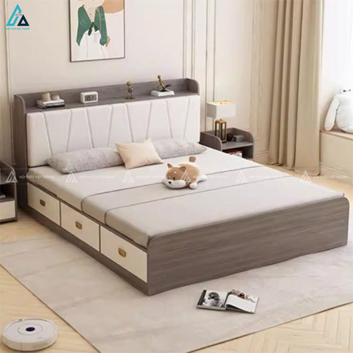 Giường gỗ công nghiệp đầu giường bọc nệm kết hợp kệ để đồ thông minh 1