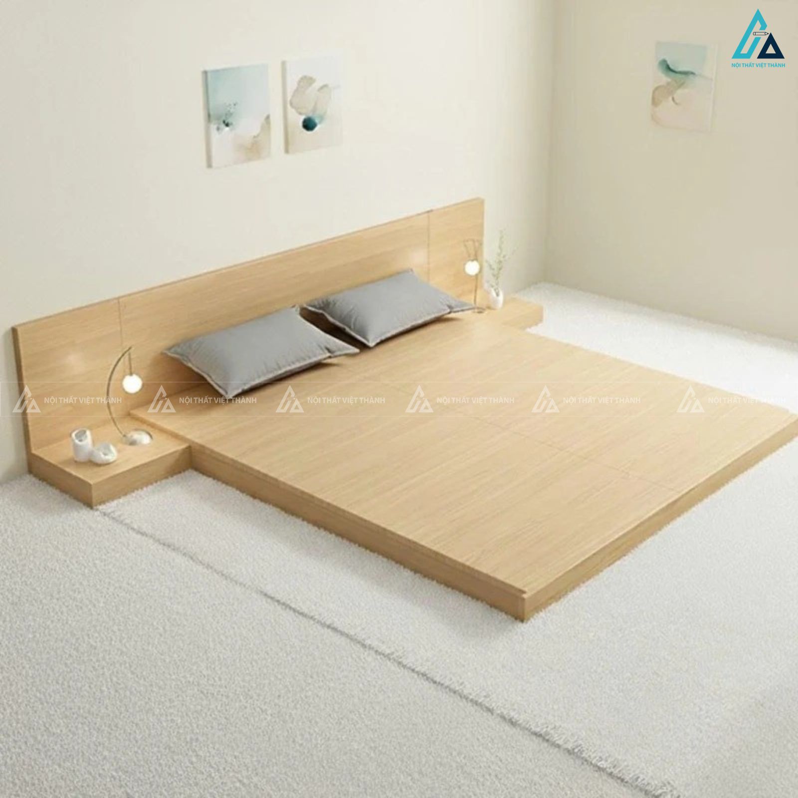 Giường gỗ công nghiệp kiểu bệt tối giản tích hợp tab đầu giường