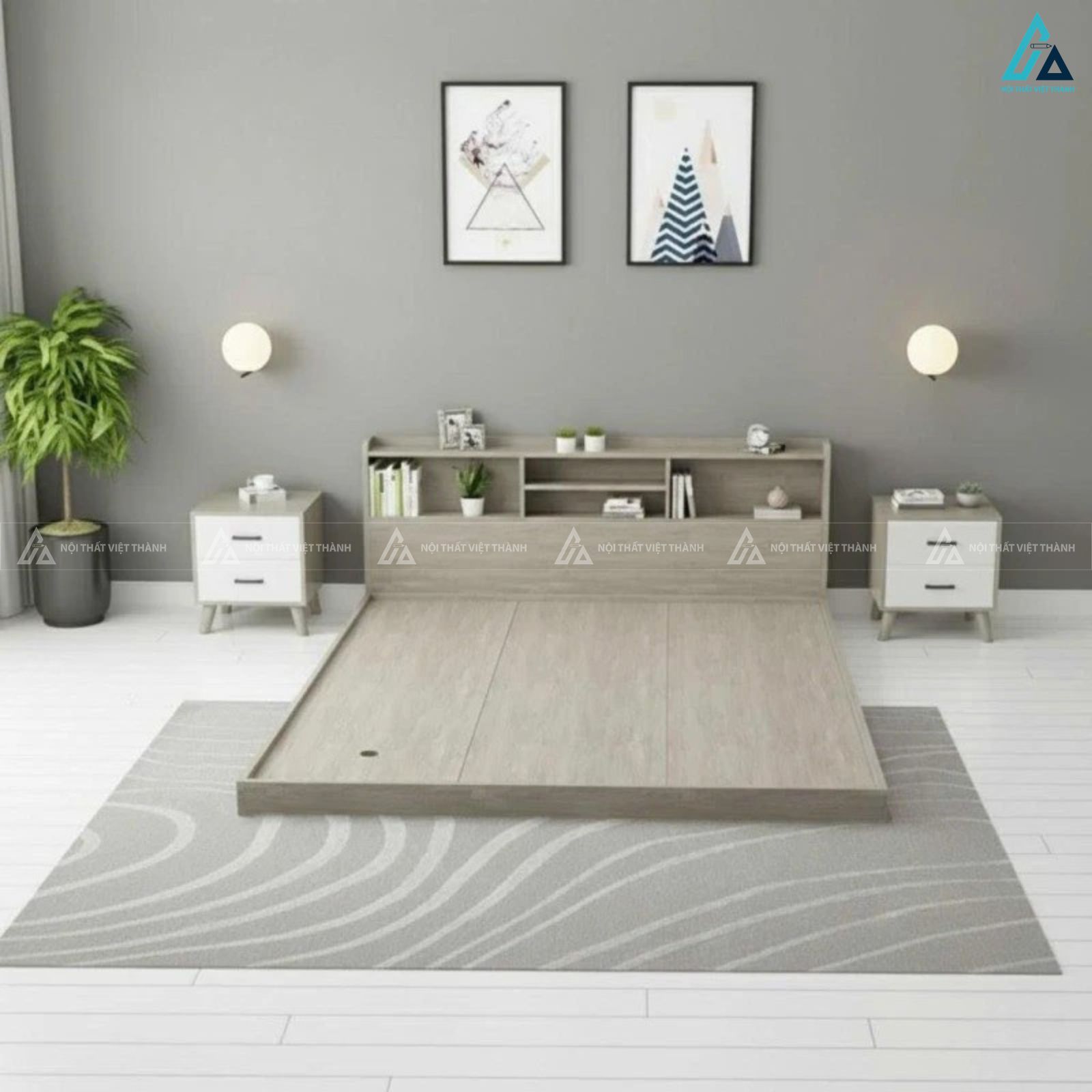 Giường gỗ công nghiệp thiết kế đa năng kèm kệ để đồ thông minh 3