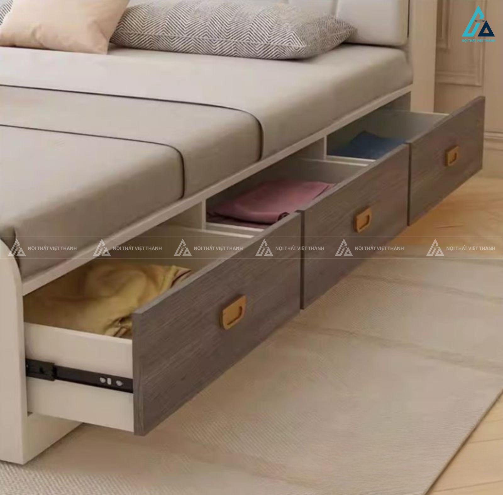 Giường gỗ công nghiệp đầu giường bọc nệm kết hợp kệ để đồ thông minh 4