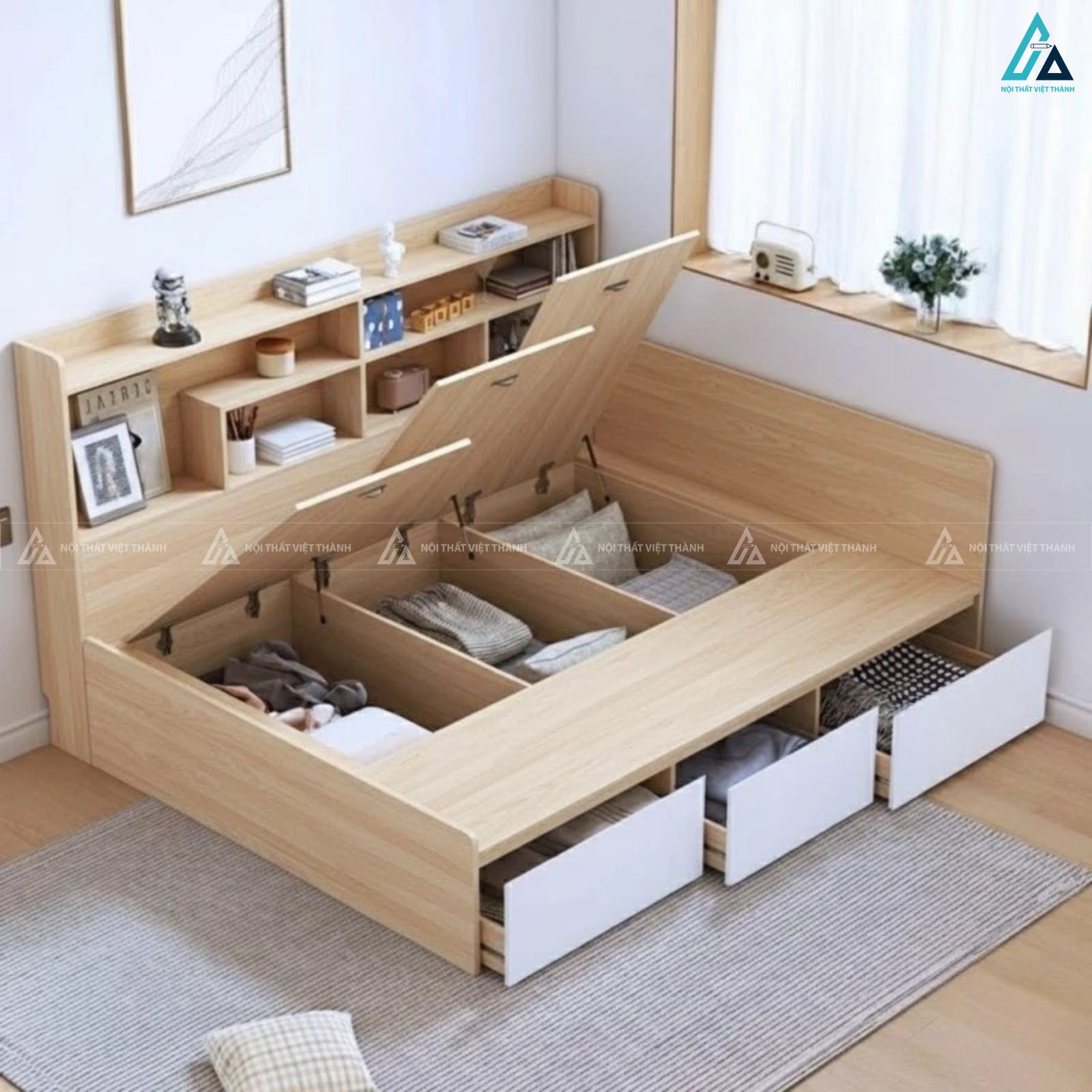 Giường ngủ gỗ công nghiệp đa năng tích hợp kệ và hộc chứa đồ thông minh 1
