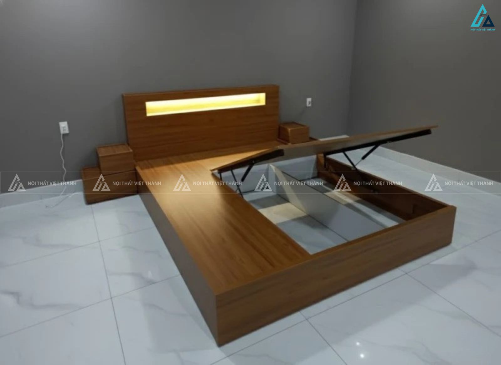 Giường gỗ công nghiệp tích hợp đèn led và khoang chứa đồ tiện lợi 1