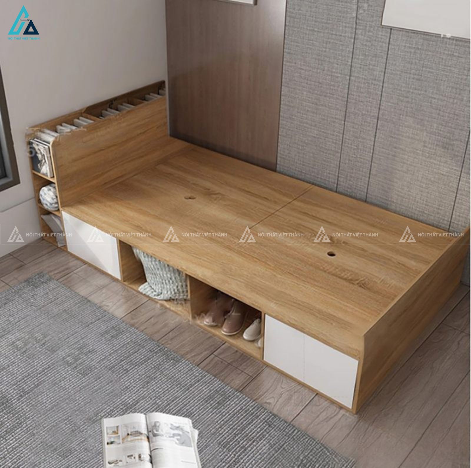 Giường gỗ công nghiệp đơn tích hợp kệ sách và hộc tủ thông minh