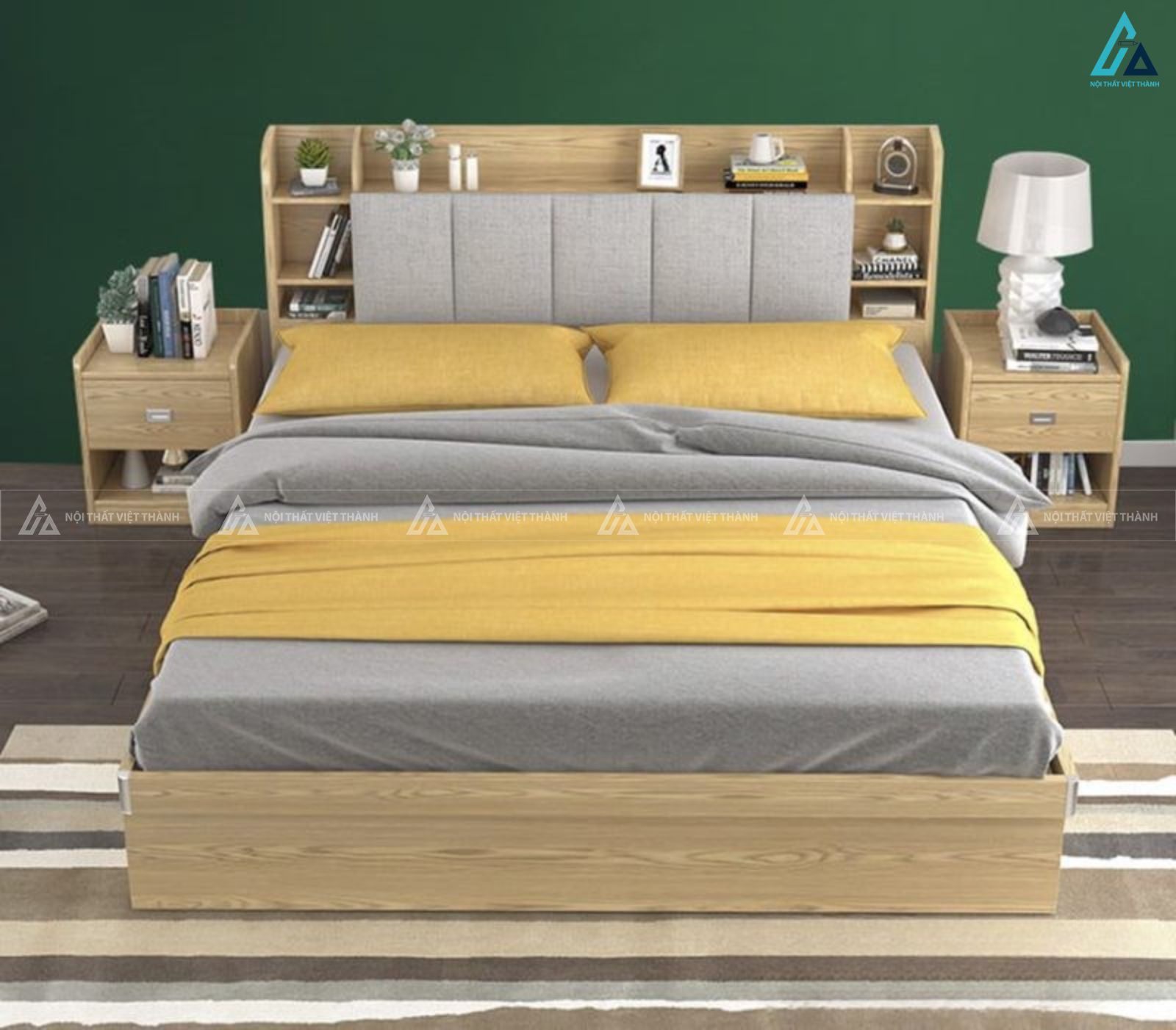 Giường gỗ công nghiệp thông minh tích hợp kệ trang trí tối ưu