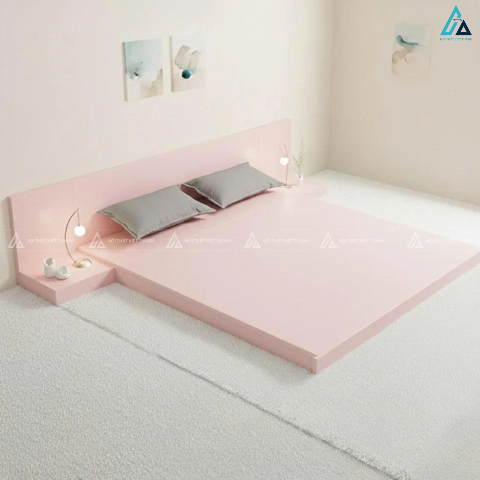 Giường gỗ công nghiệp kiểu bệt tối giản tích hợp tab đầu giường 2