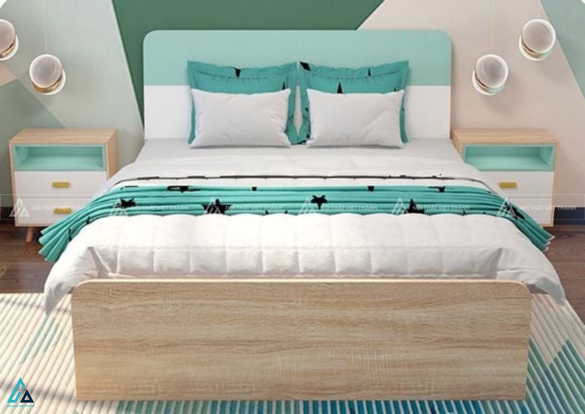 Giường gỗ công nghiệp thiết kế thông minh phối màu trẻ trung tươi sáng 2