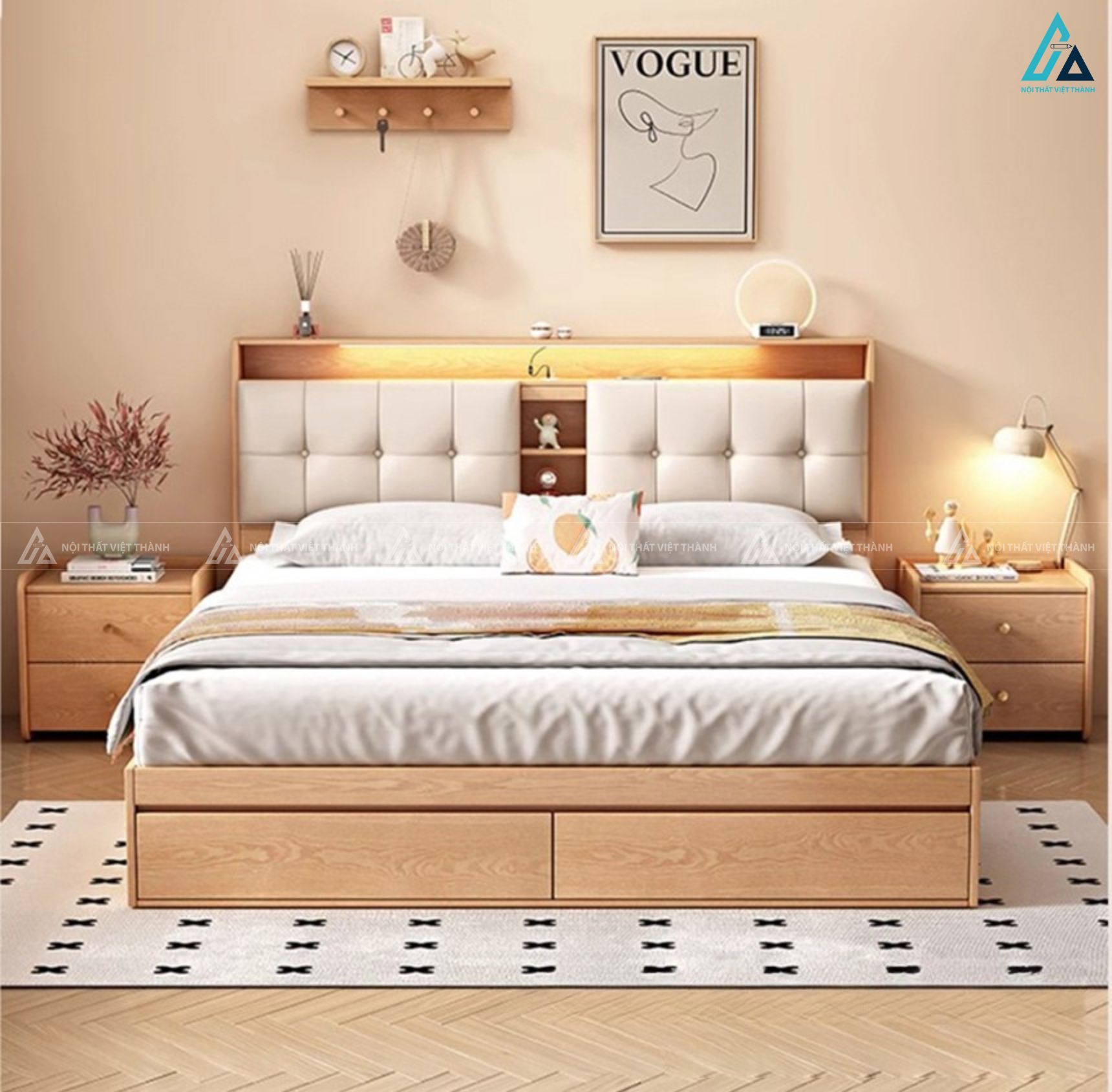 Giường ngủ gỗ công nghiệp đa năng tích hợp đèn led đầu giường