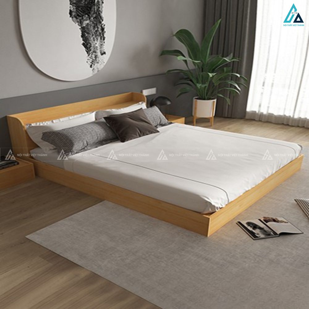 Giường gỗ công nghiệp thấp sàn tích hợp kệ đầu giường thông minh 1