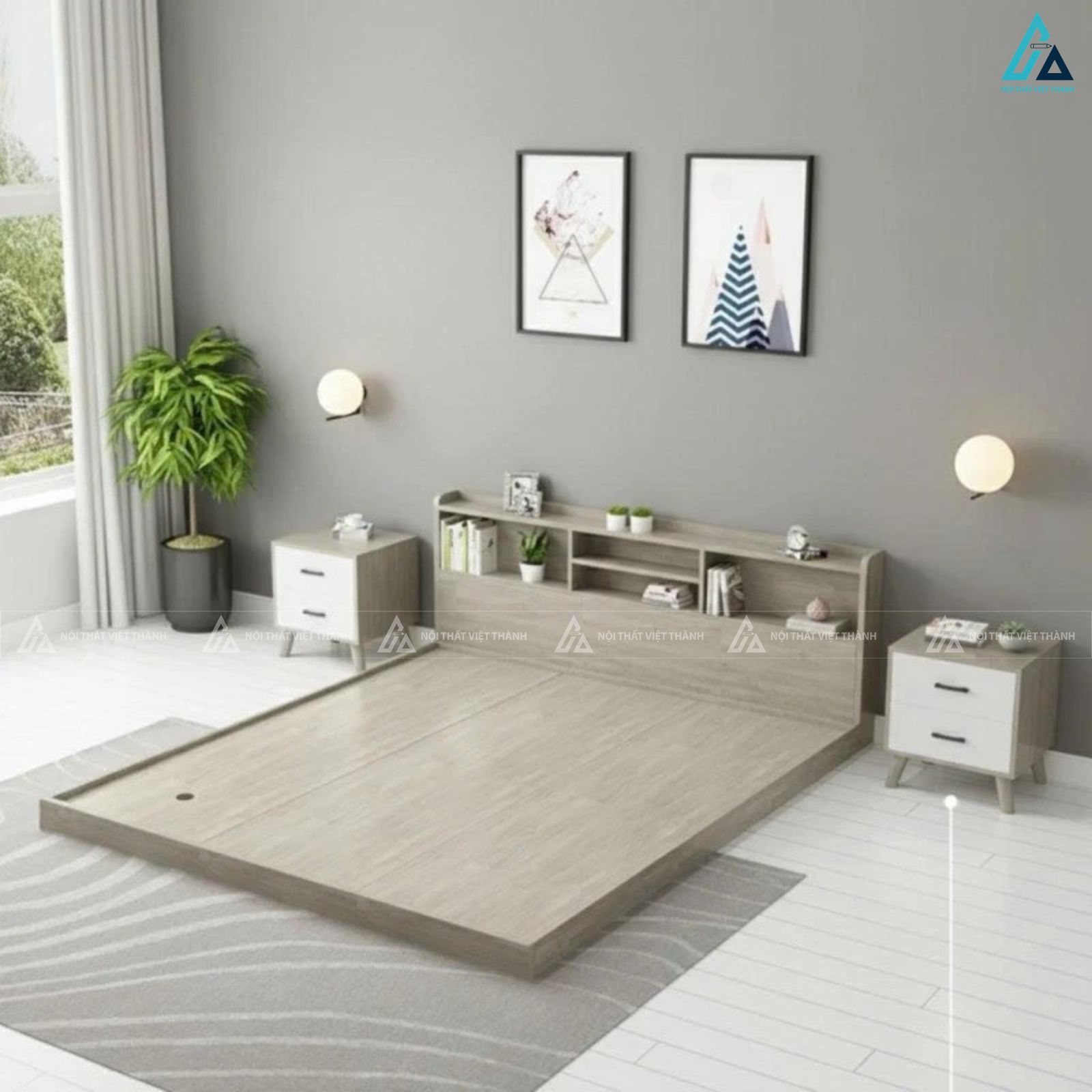 Giường gỗ công nghiệp thiết kế đa năng kèm kệ để đồ thông minh 5
