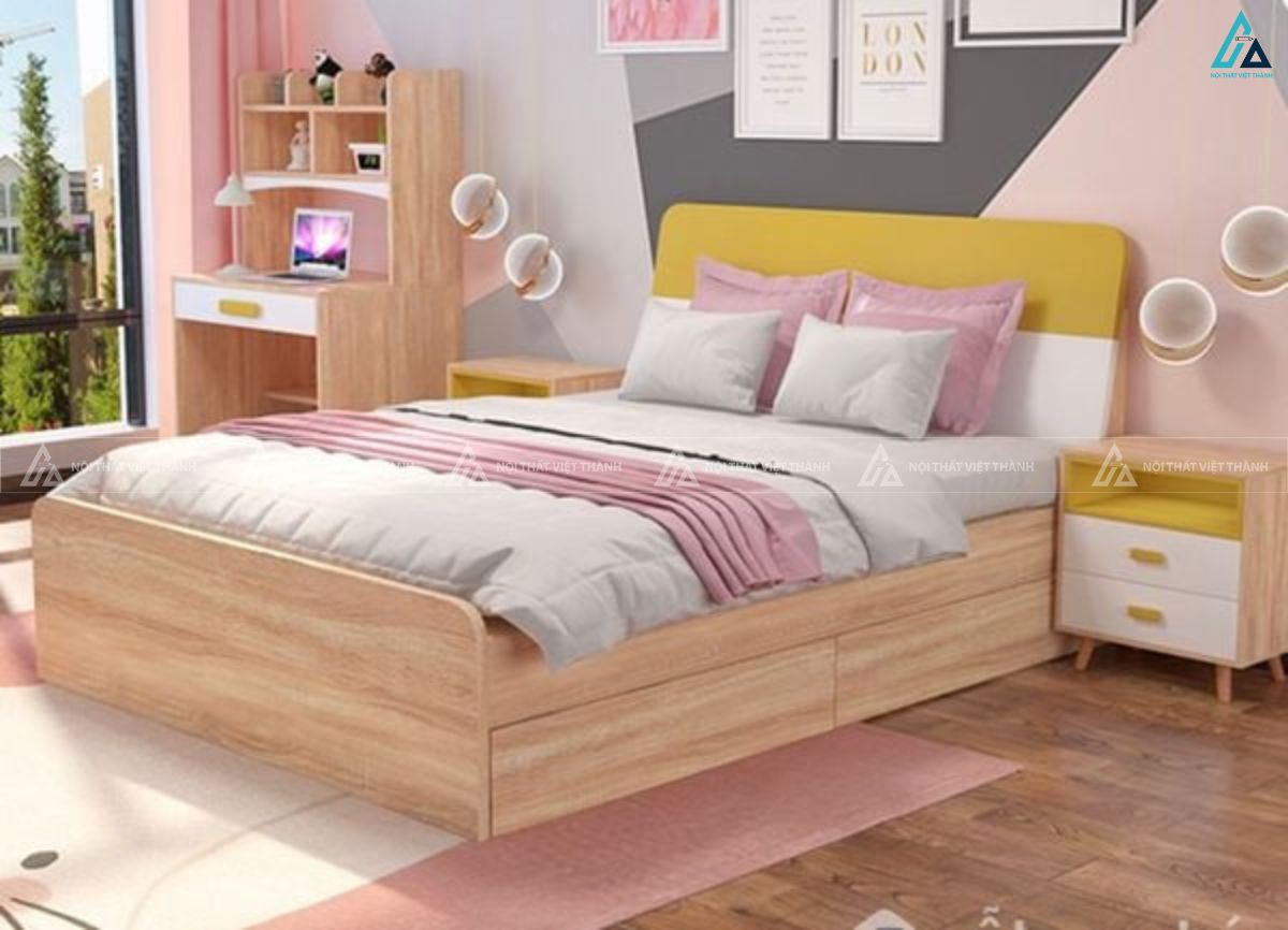 Giường gỗ công nghiệp thiết kế thông minh phối màu trẻ trung tươi sáng