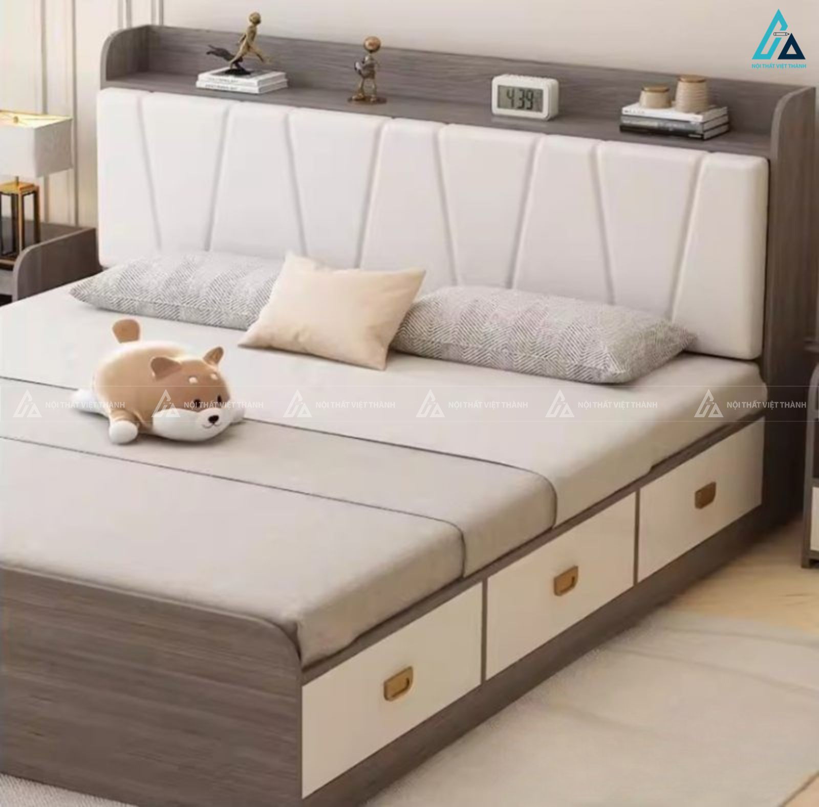 Giường gỗ công nghiệp đầu giường bọc nệm kết hợp kệ để đồ thông minh 3