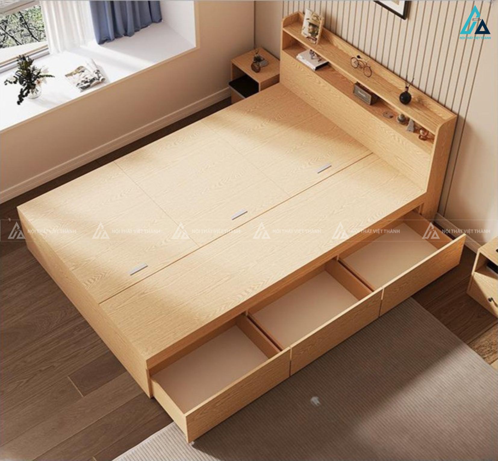 Giường gỗ công nghiệp thiết kế ngăn kéo thông minh tinh tế gọn gàng