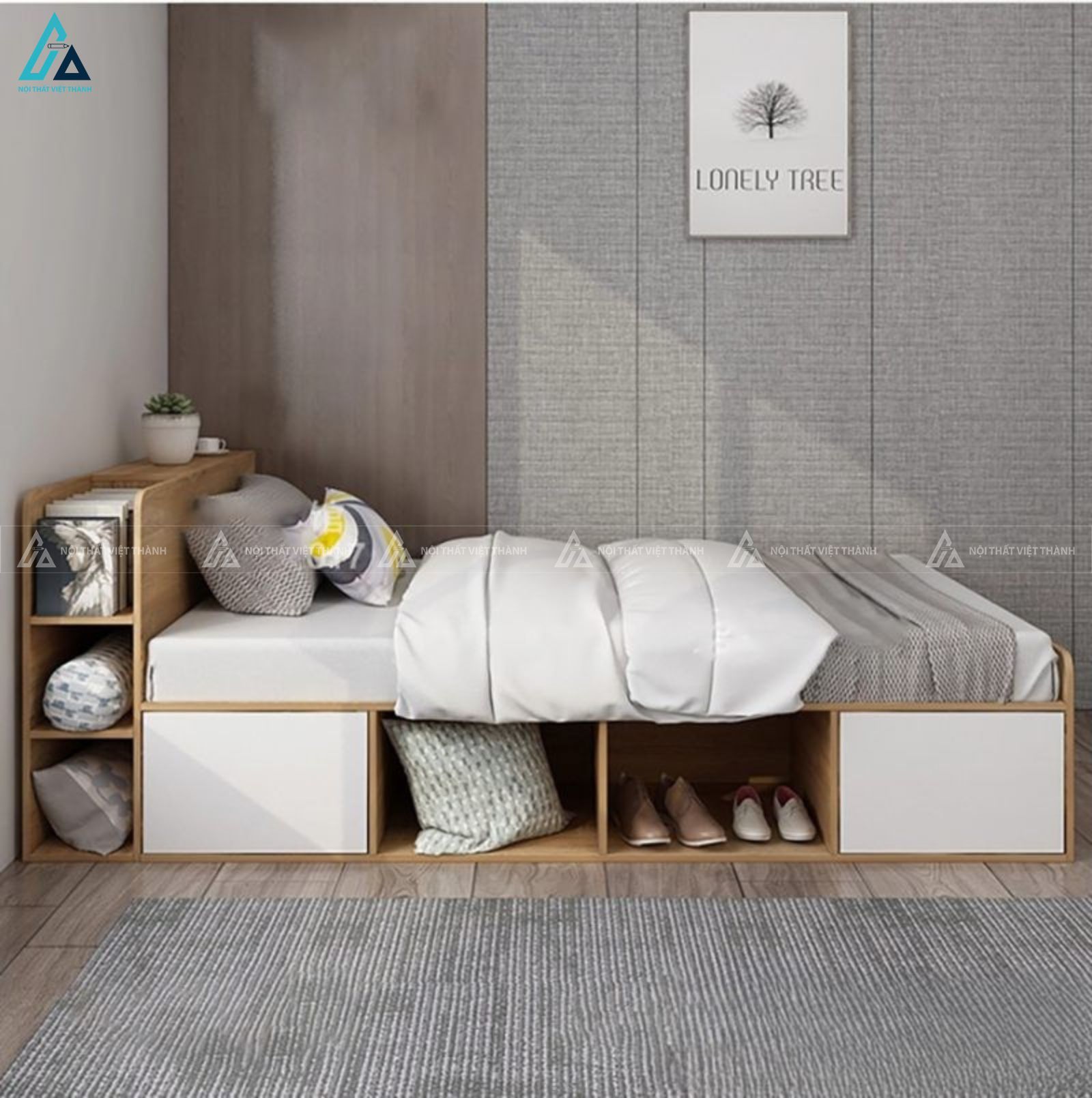 Giường gỗ công nghiệp đơn tích hợp kệ sách và hộc tủ thông minh 2
