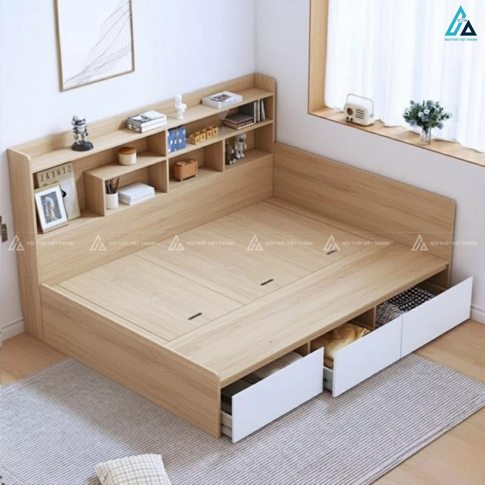 Giường ngủ gỗ công nghiệp đa năng tích hợp kệ và hộc chứa đồ thông minh