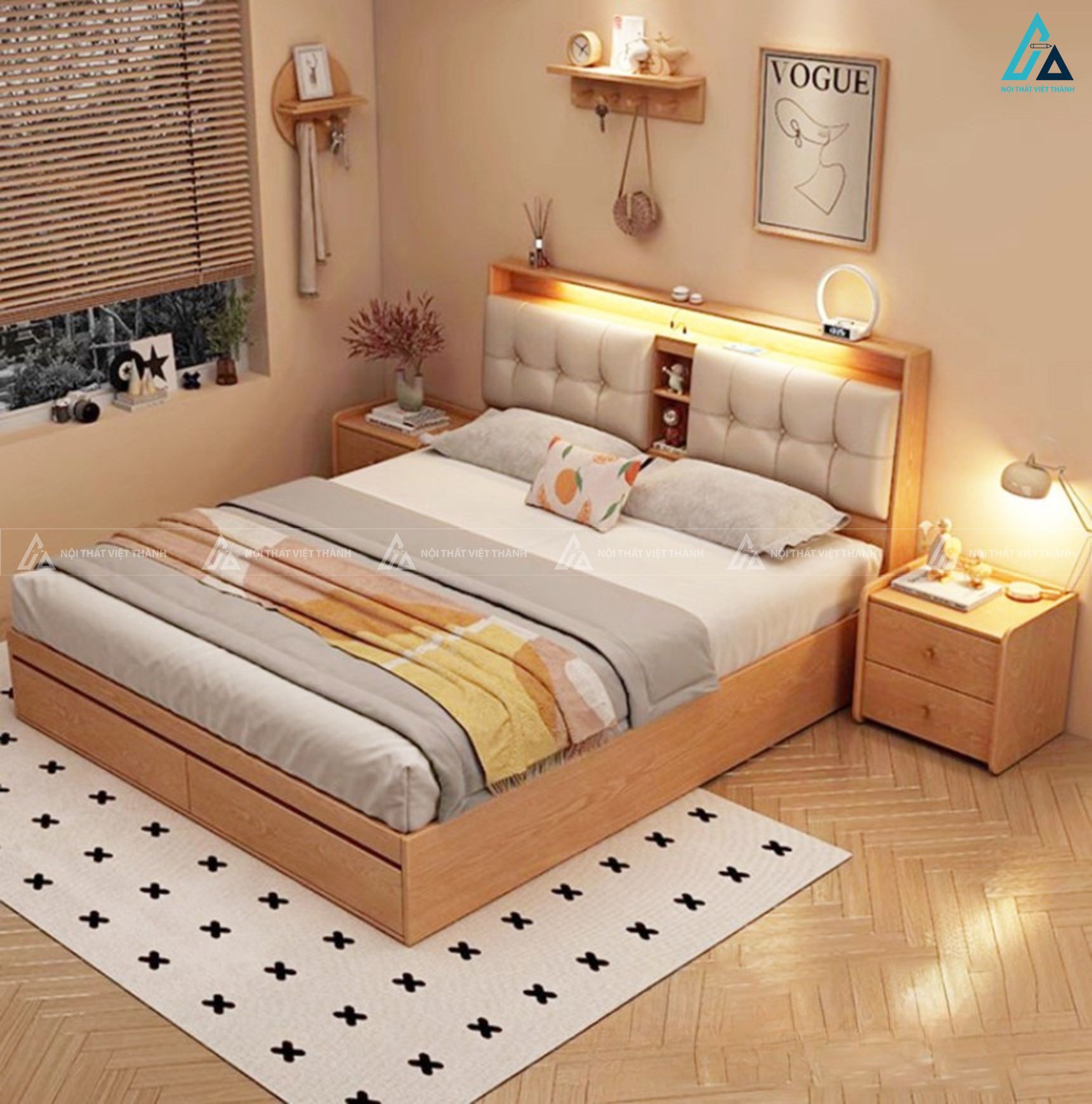 Giường ngủ gỗ công nghiệp đa năng tích hợp đèn led đầu giường 1