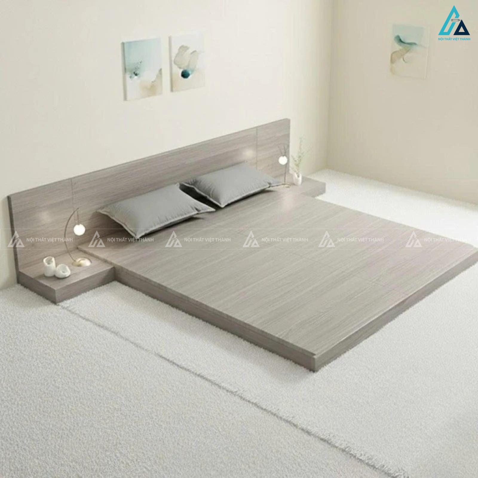 Giường gỗ công nghiệp kiểu bệt tối giản tích hợp tab đầu giường 3