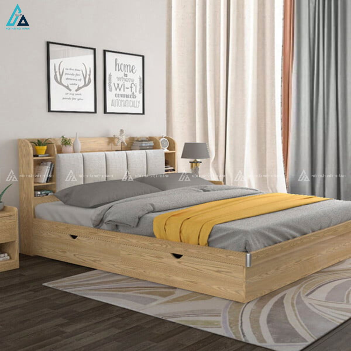 Giường gỗ công nghiệp thông minh tích hợp kệ trang trí tối ưu 1