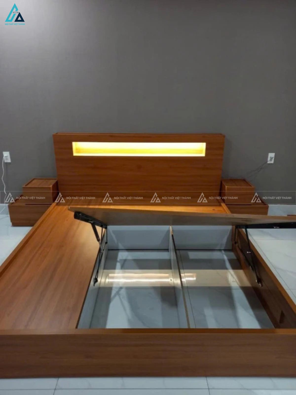 Giường gỗ công nghiệp tích hợp đèn led và khoang chứa đồ tiện lợi 2