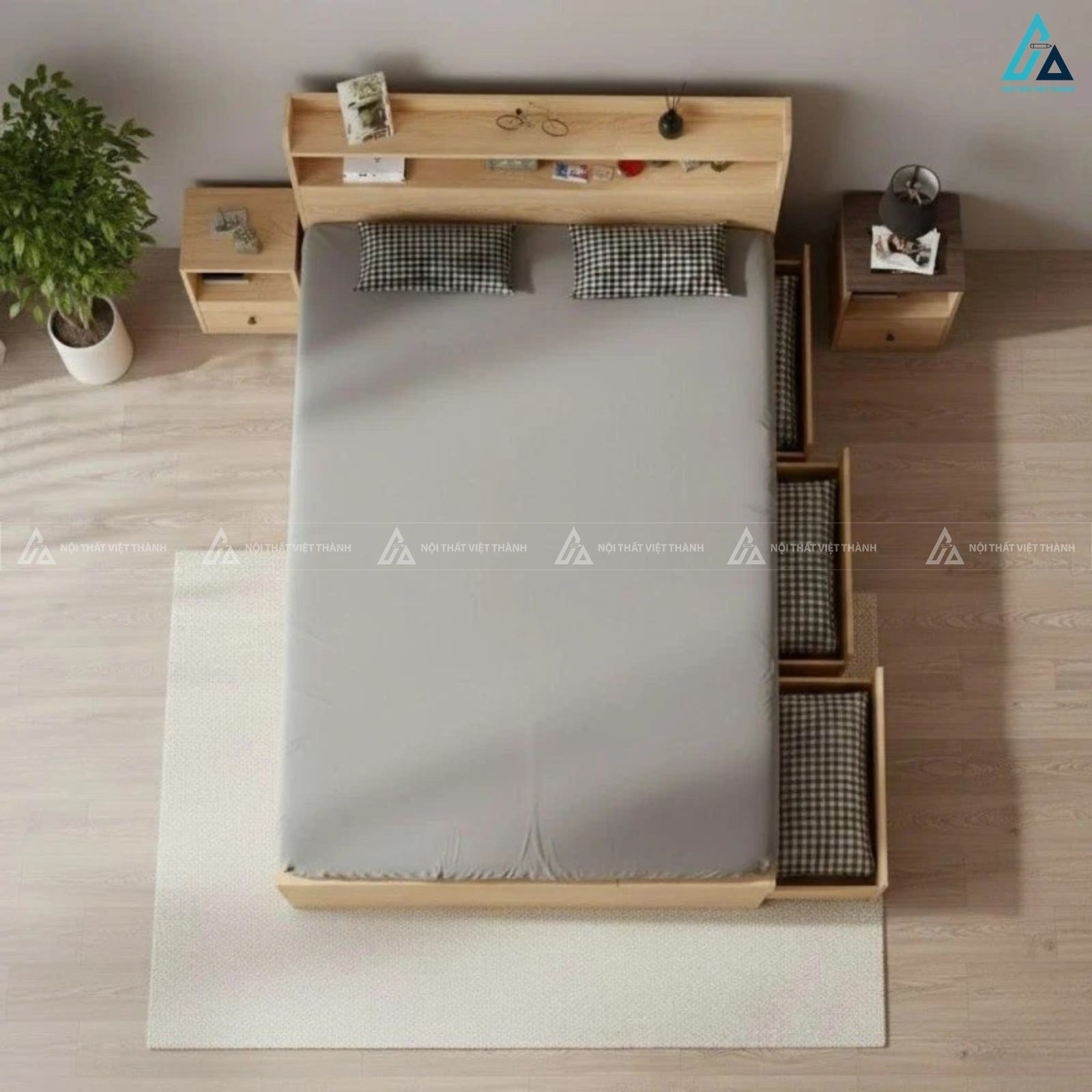 Giường ngủ gỗ công nghiệp có ngăn kéo và kệ đầu giường đa năng 2